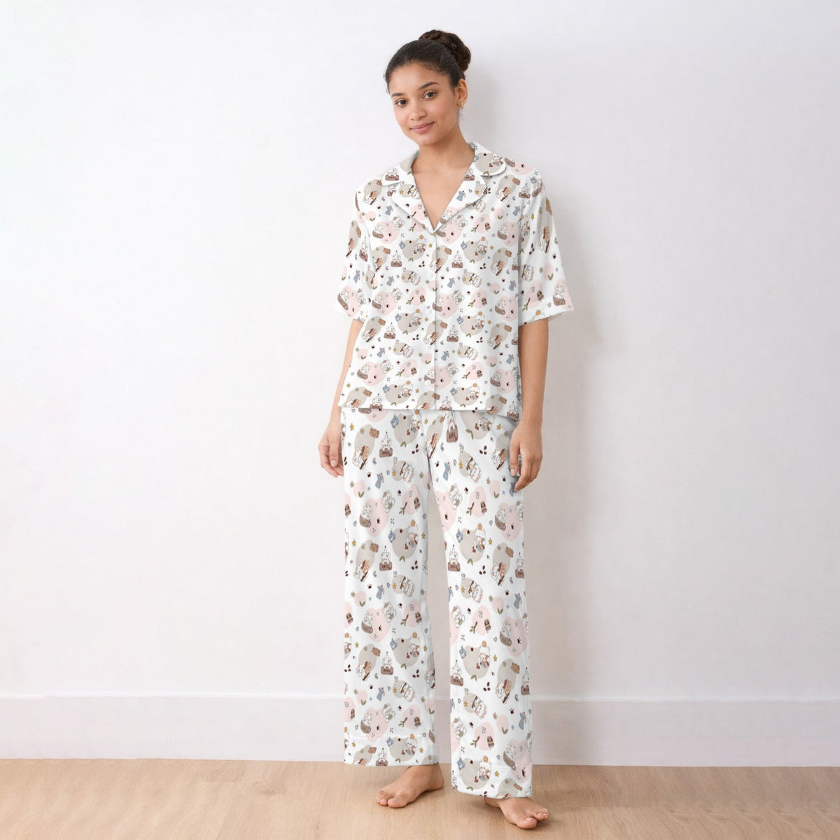 Cat With Coffee Paw Heart Nurse Pajama Set