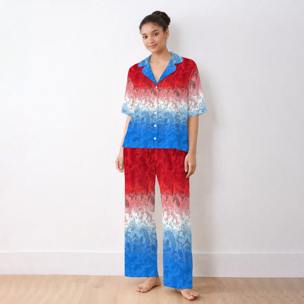 Red Blue Paisley Ombre Pajama Set