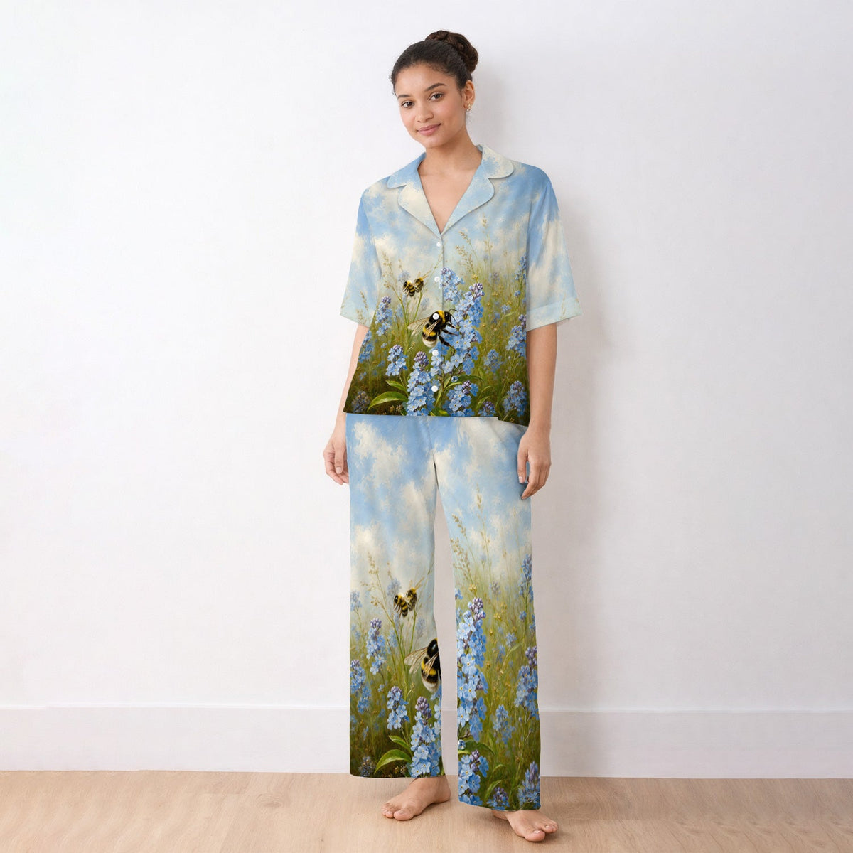 Whimsical Bumblebee Blue Blossom Pajama Set
