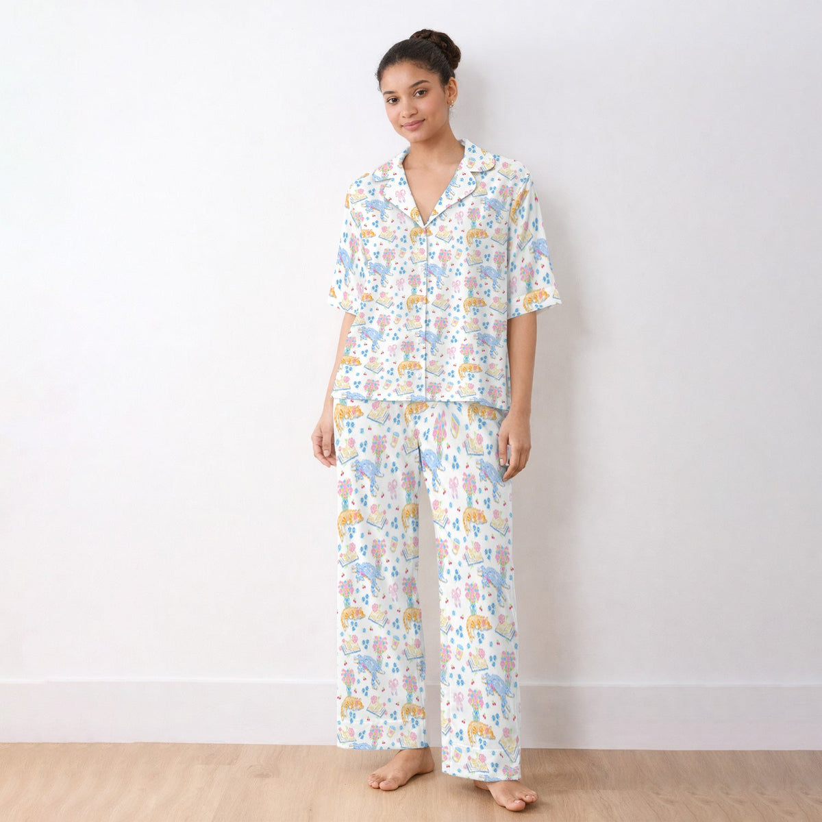 Cats Reading Floral Books Nurse Pajama Set
