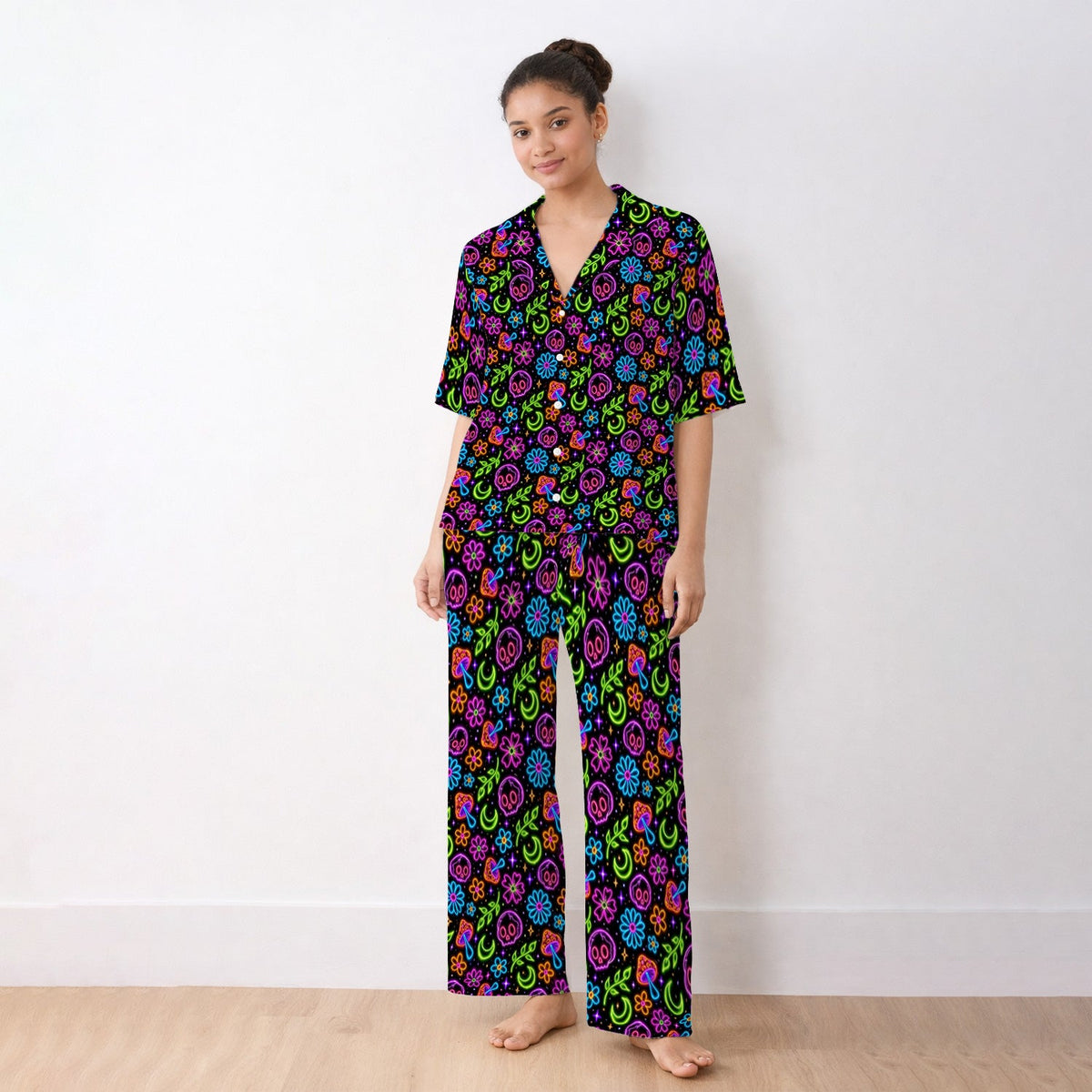 Neon Skull Mushroom Floral Nurse Pajama Set
