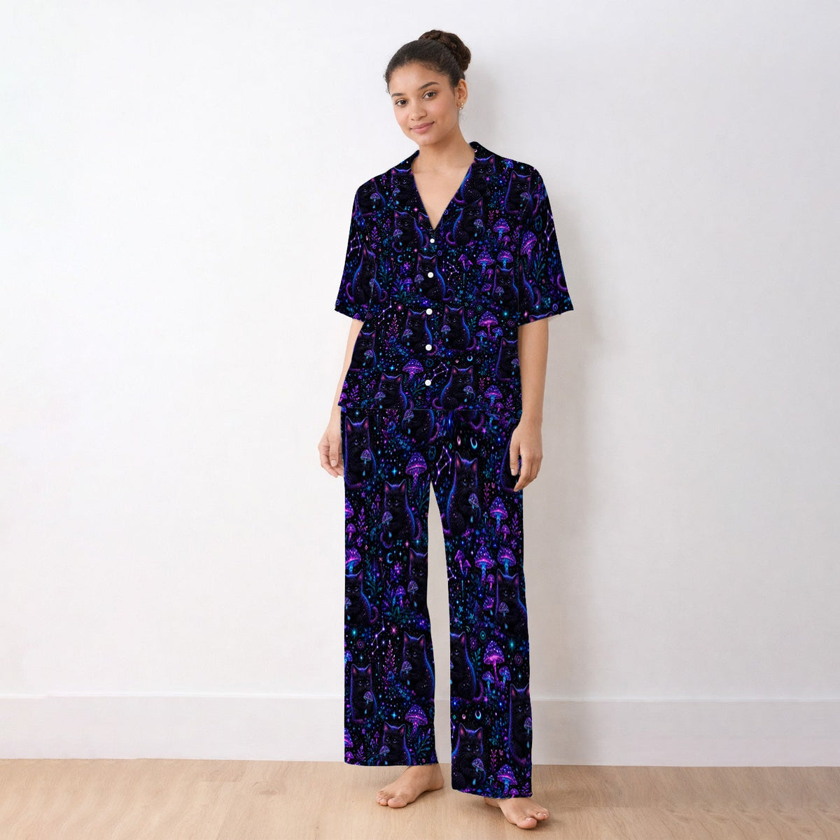 Neon Black Cat Mushroom Galaxy Pajama Set