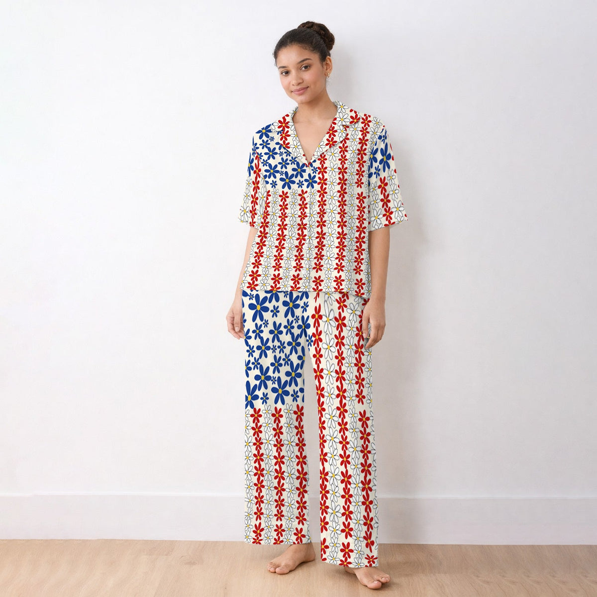 Retro Red Blue Daisy Pajama Set