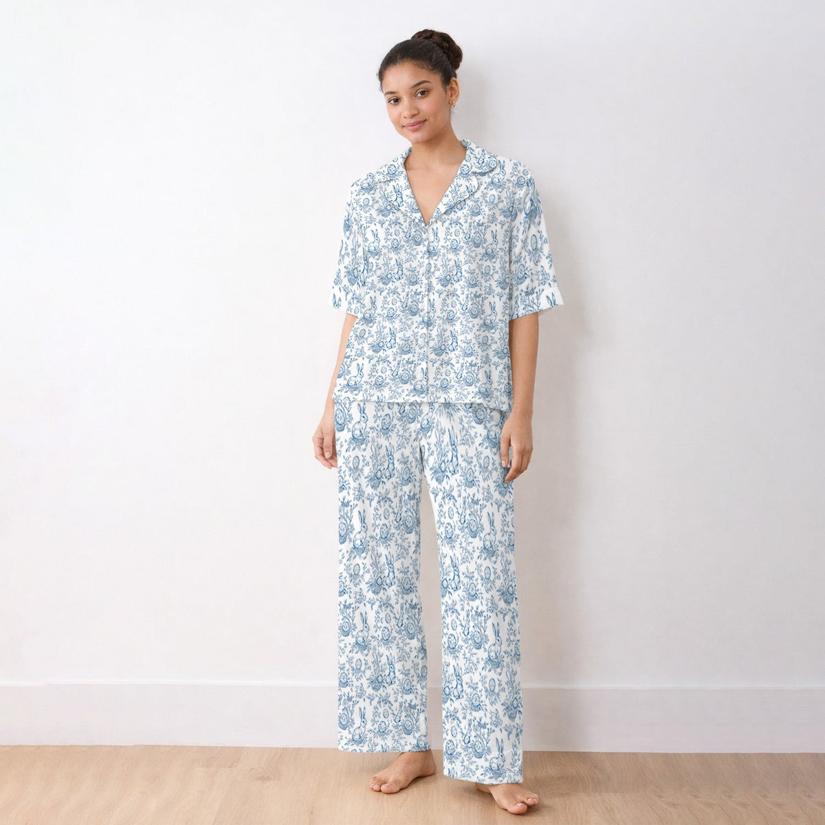 Bunny Floral Egg Toile Pajama Set - Easter Gift For Nurse