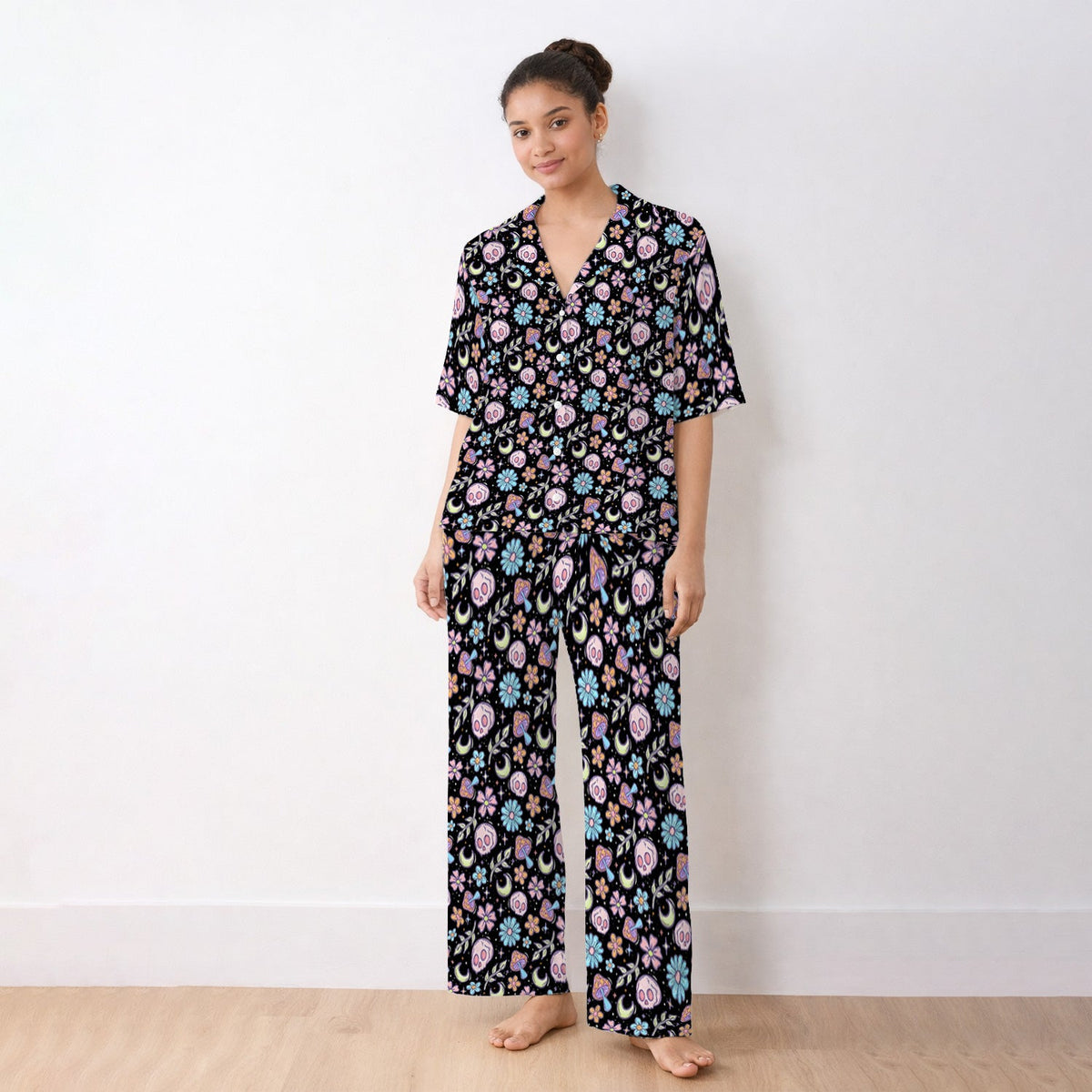 Neon Skull Mushroom Floral Nurse Pajama Set