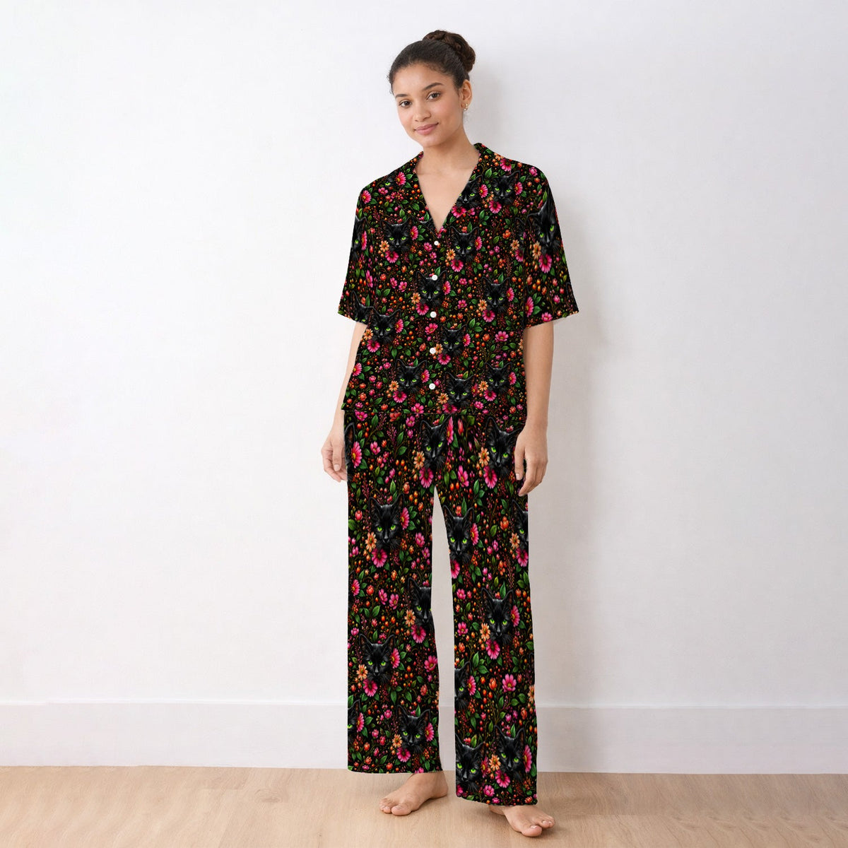 Adorable Black Cat Blossom Pajama Set