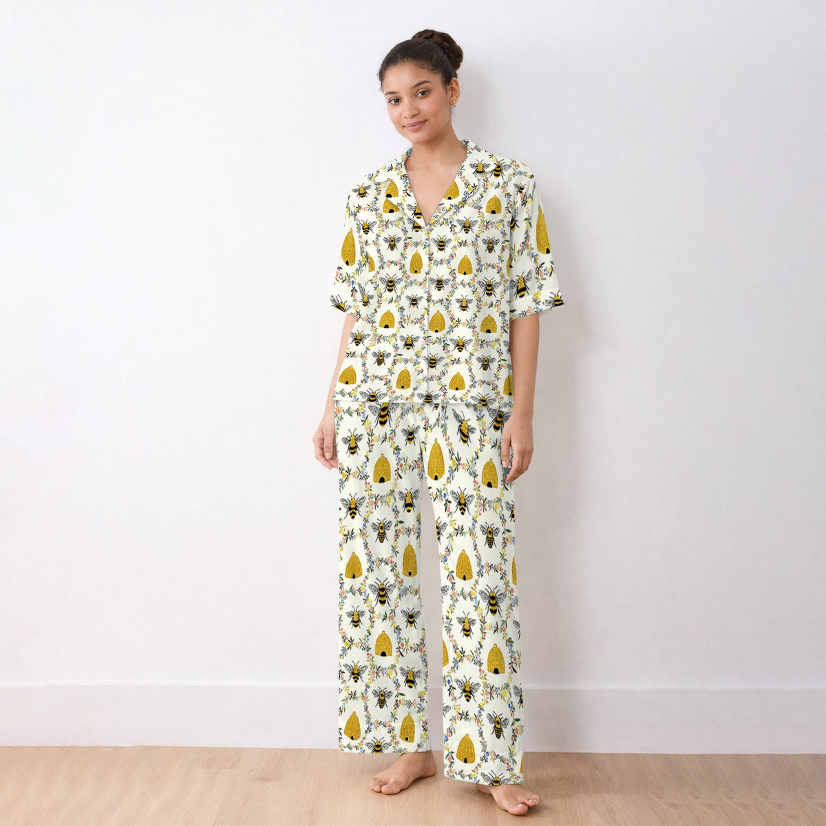 Honey Bee Beehive Floral Pajama Set For Nurse