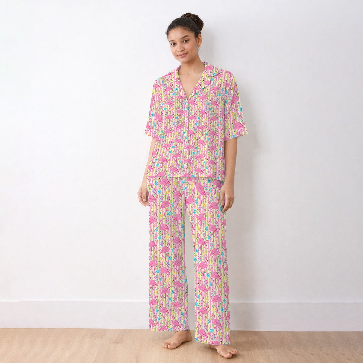 Pink Flamingo Flower Stripe Pajama Set
