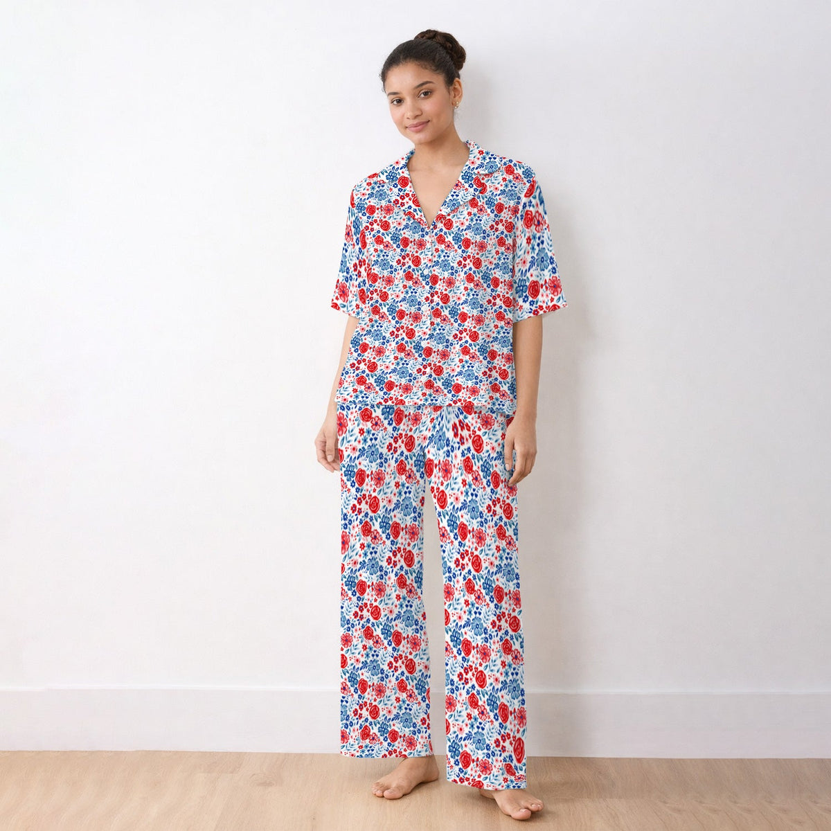 Red Blue Floral Garden Blossom Pajama Set