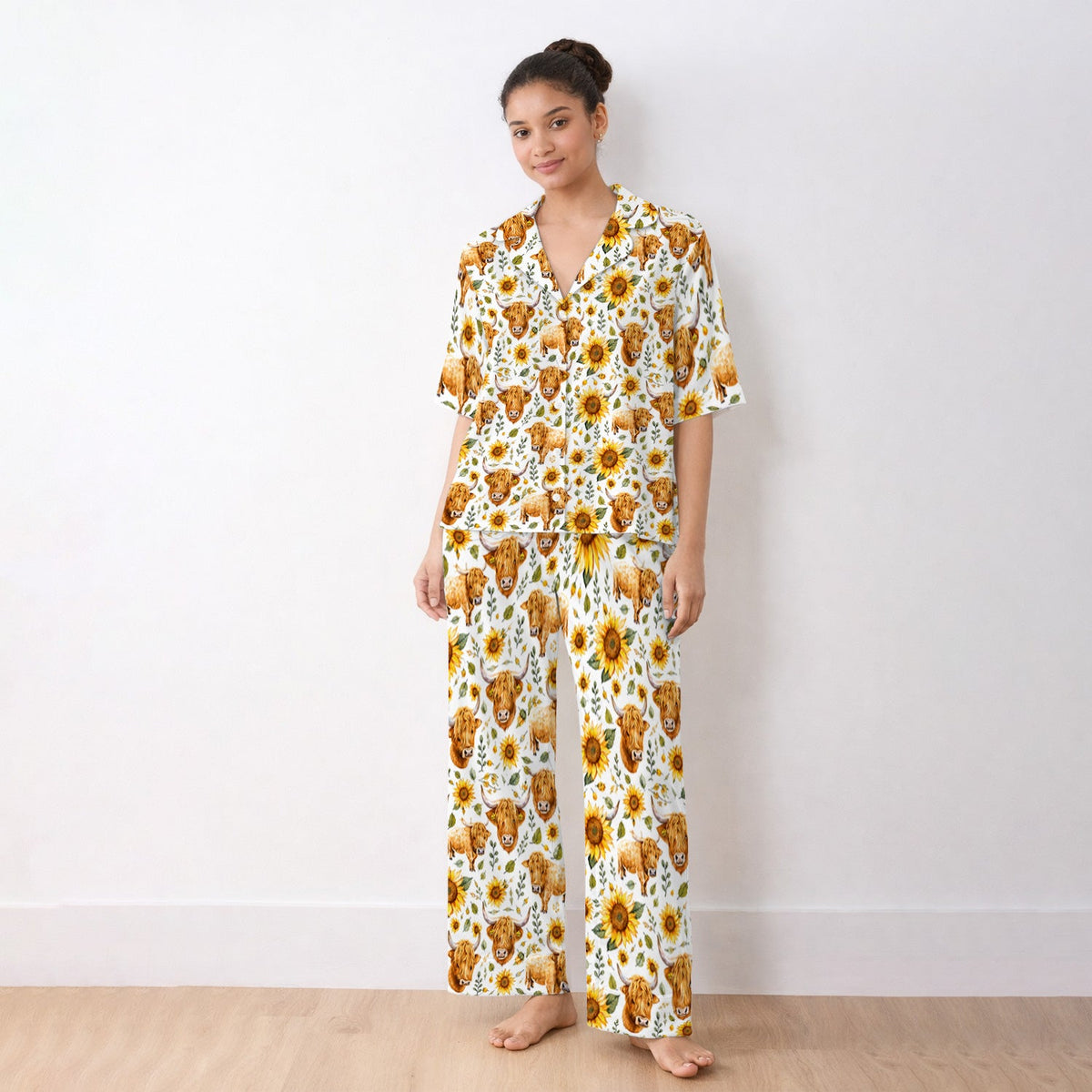 Highland Cow Sunflower Pattern Pajama Set For Nurse