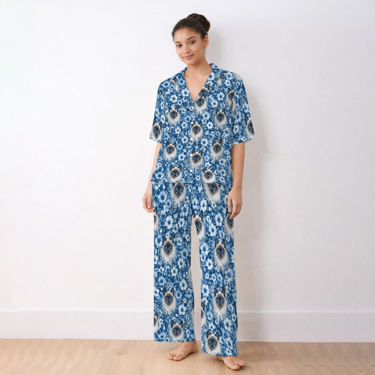 Blue Floral Ragdoll Cat Nurse Pajama Set