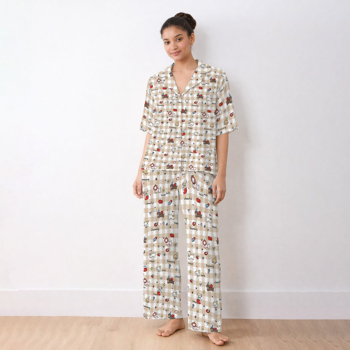 Cartoon Puppy Apple Gingham Pajama Set