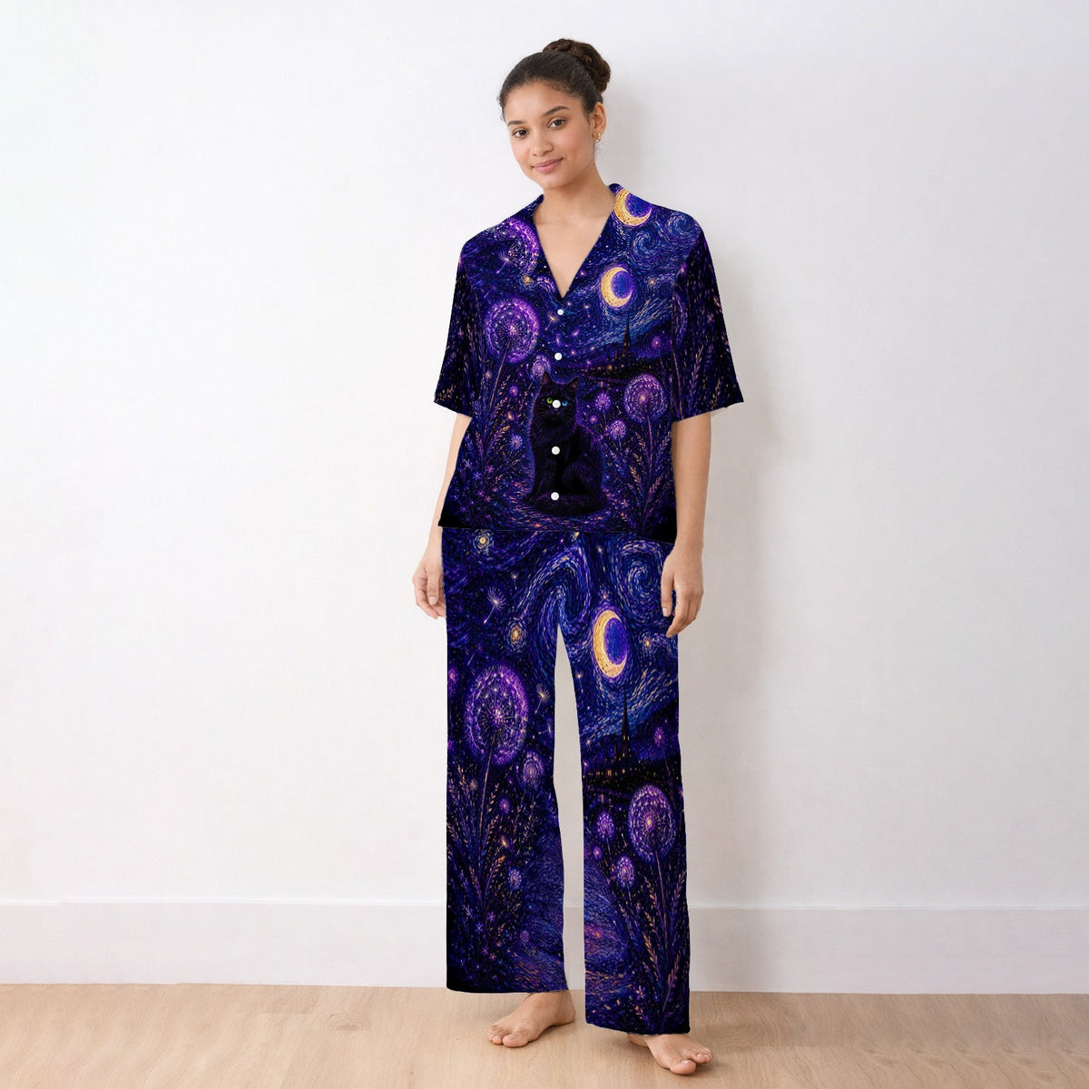 Mystical Black Cat Starry Night Pajama Set