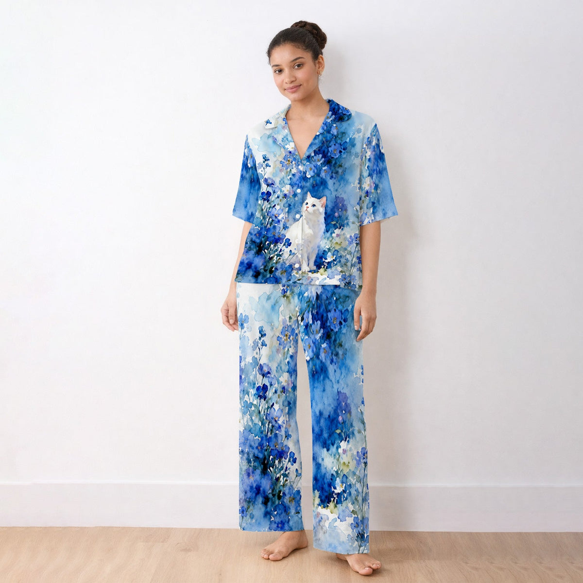 Adorable Blue Floral White Cat Pajama Set