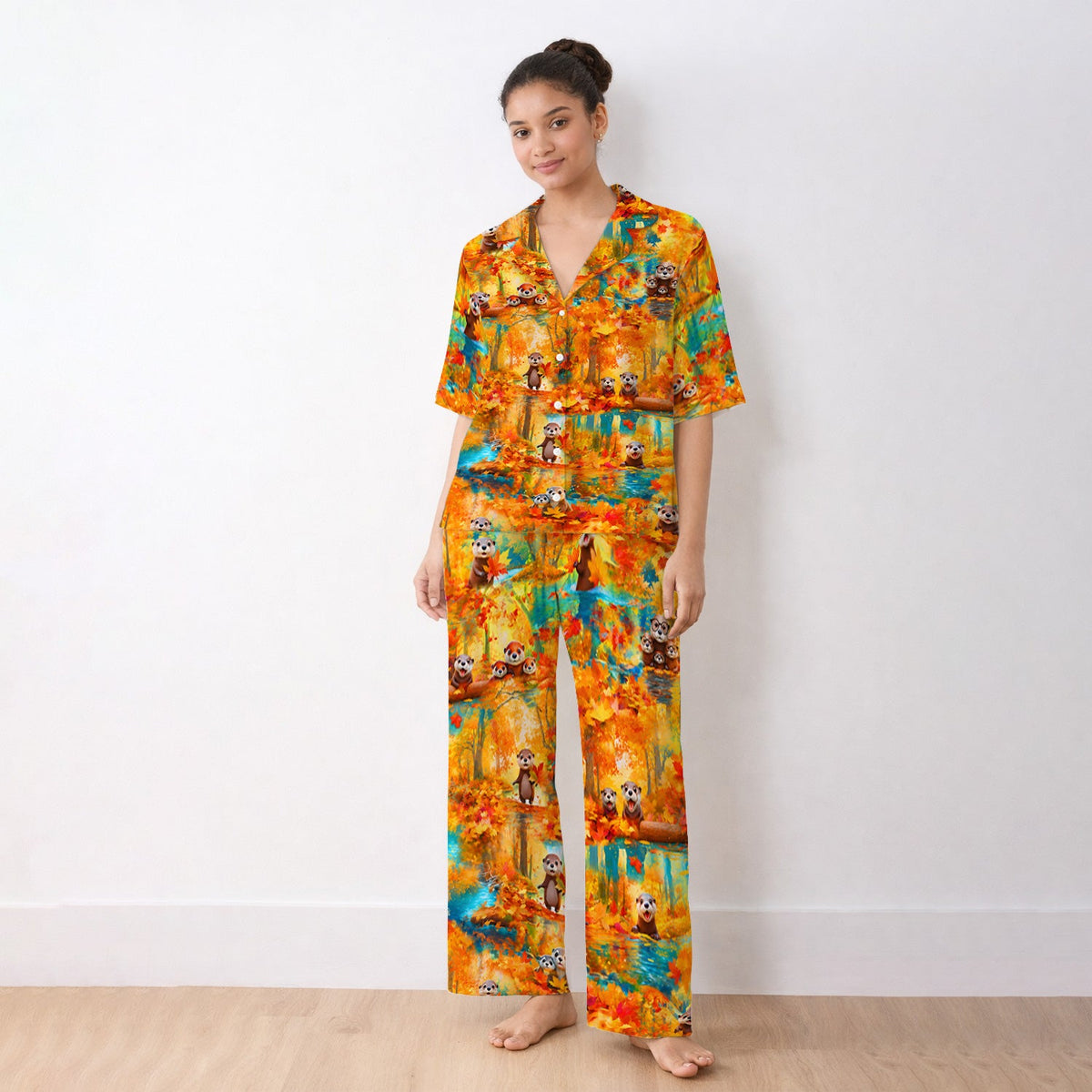 Cute Autumn Otter Leaf Forest Pajama Set