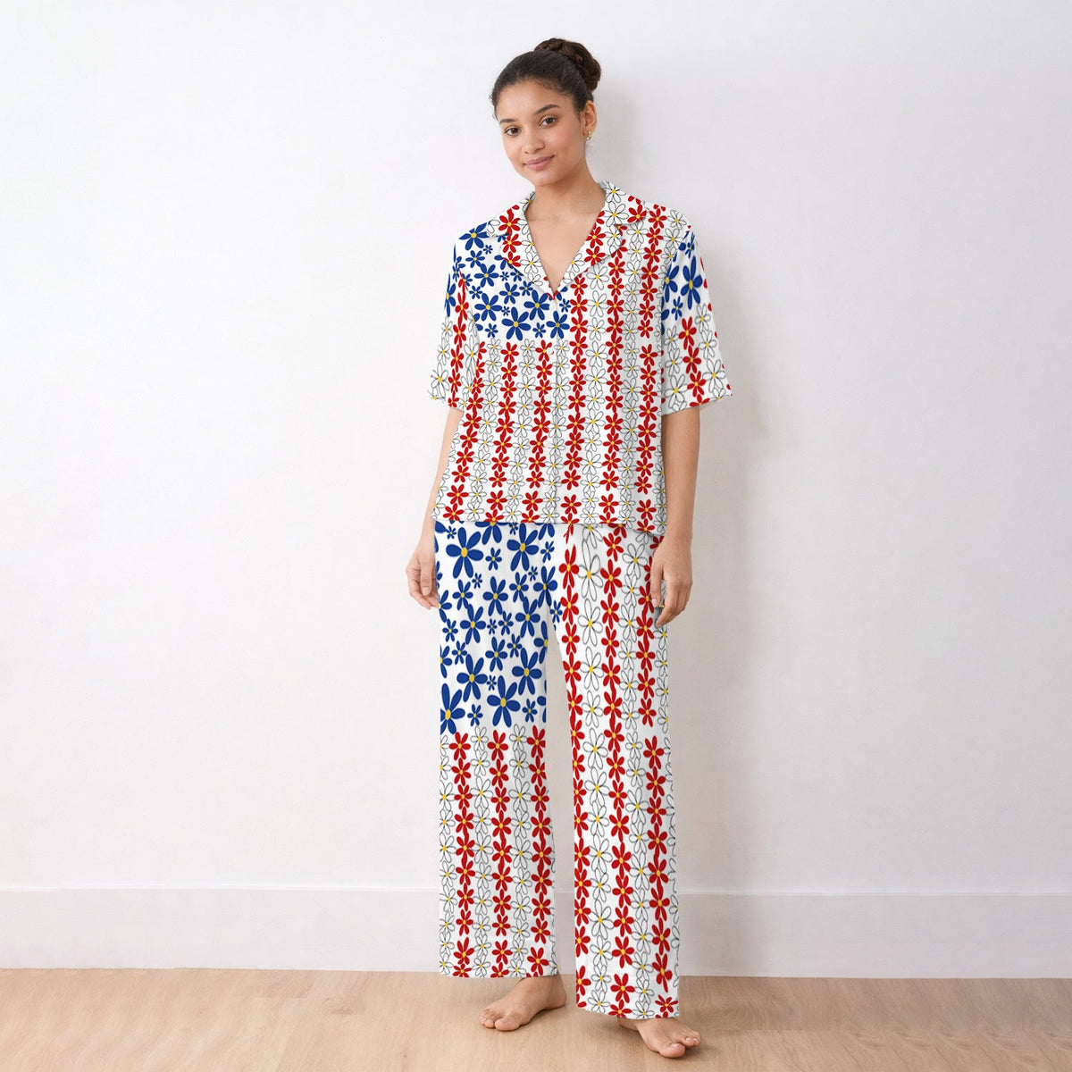 Retro Red Blue Daisy Pajama Set