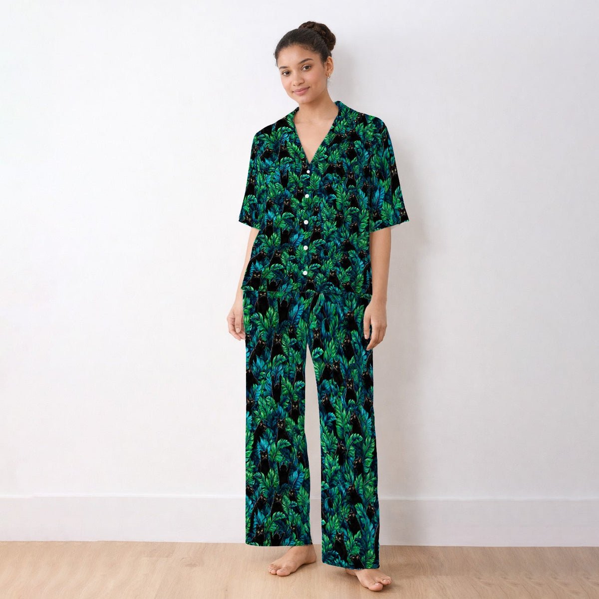 Black Cat Tropical Jungle Pajama Set
