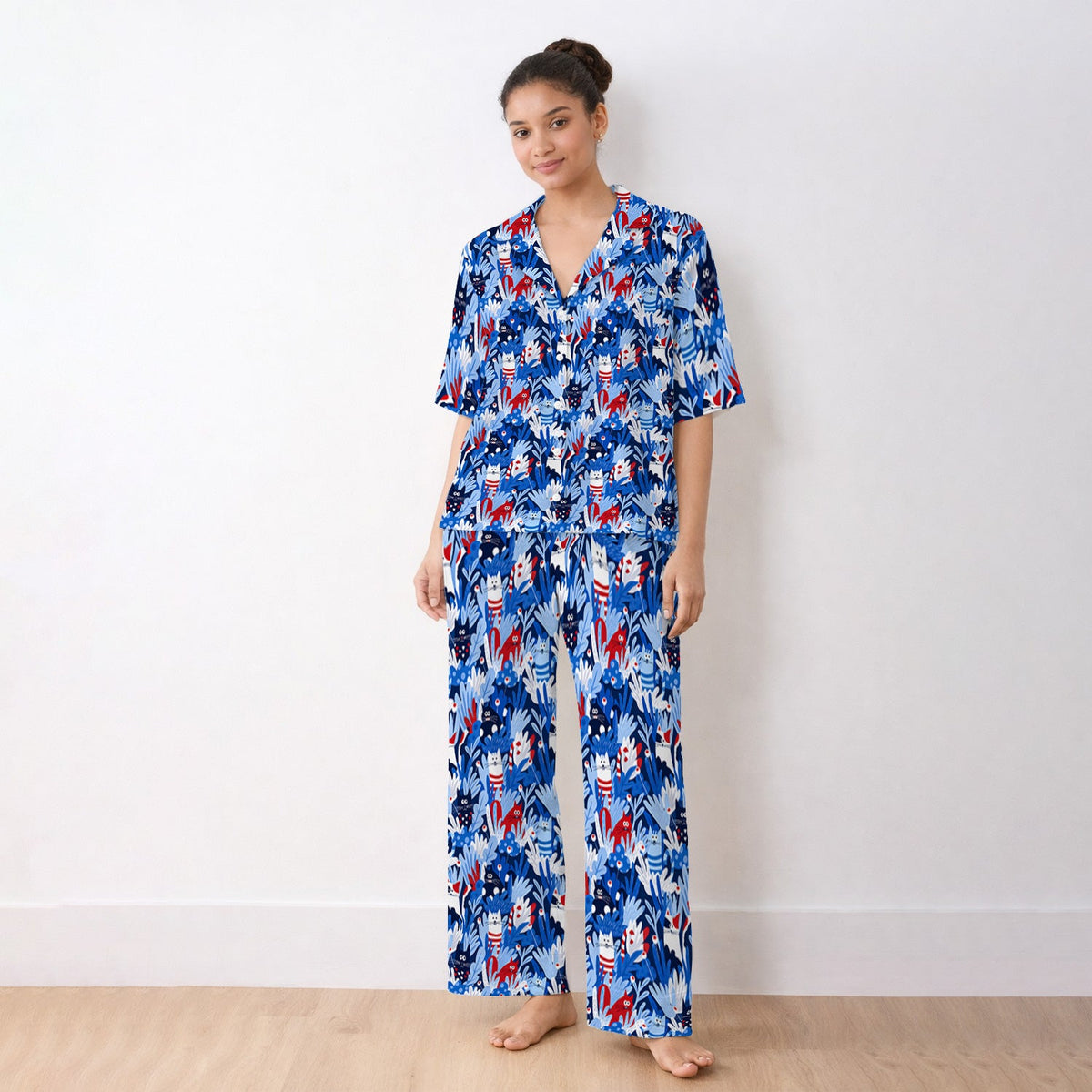 Cats Among Blue Foliage Nurse Pajama Set