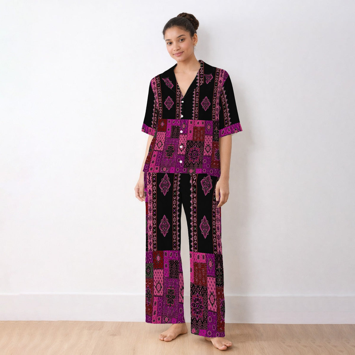 Boho Pink Bandana Patchwork Nurse Pajama Set