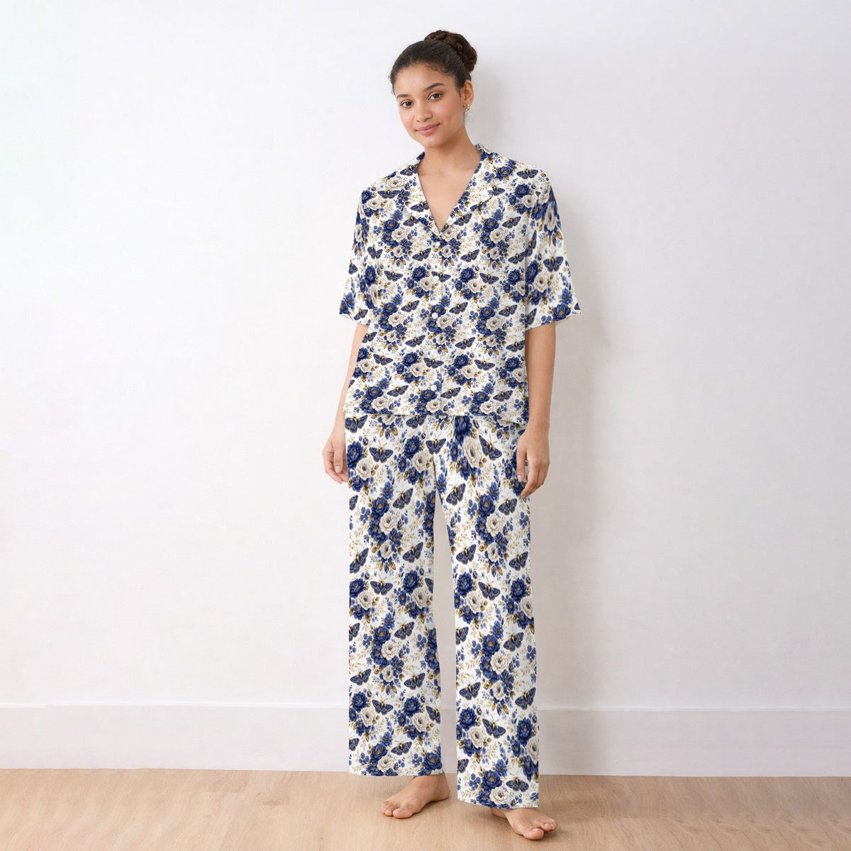 Cute Blue Floral Moth Pajama Set