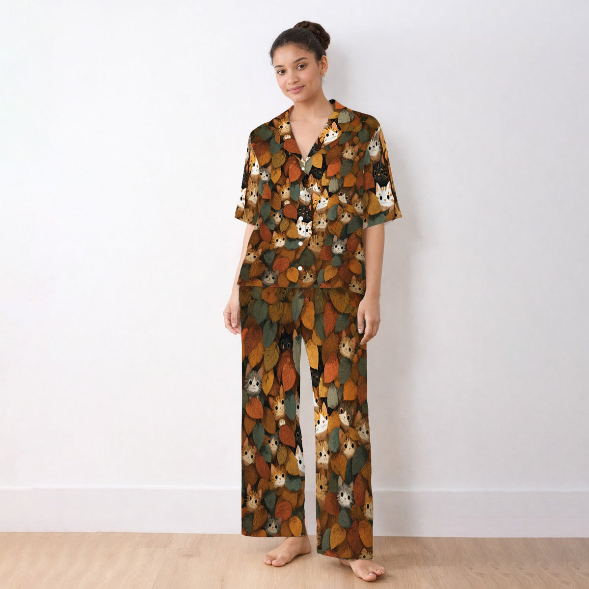 Cute Autumn Cat Leaf Pile Pajama Set