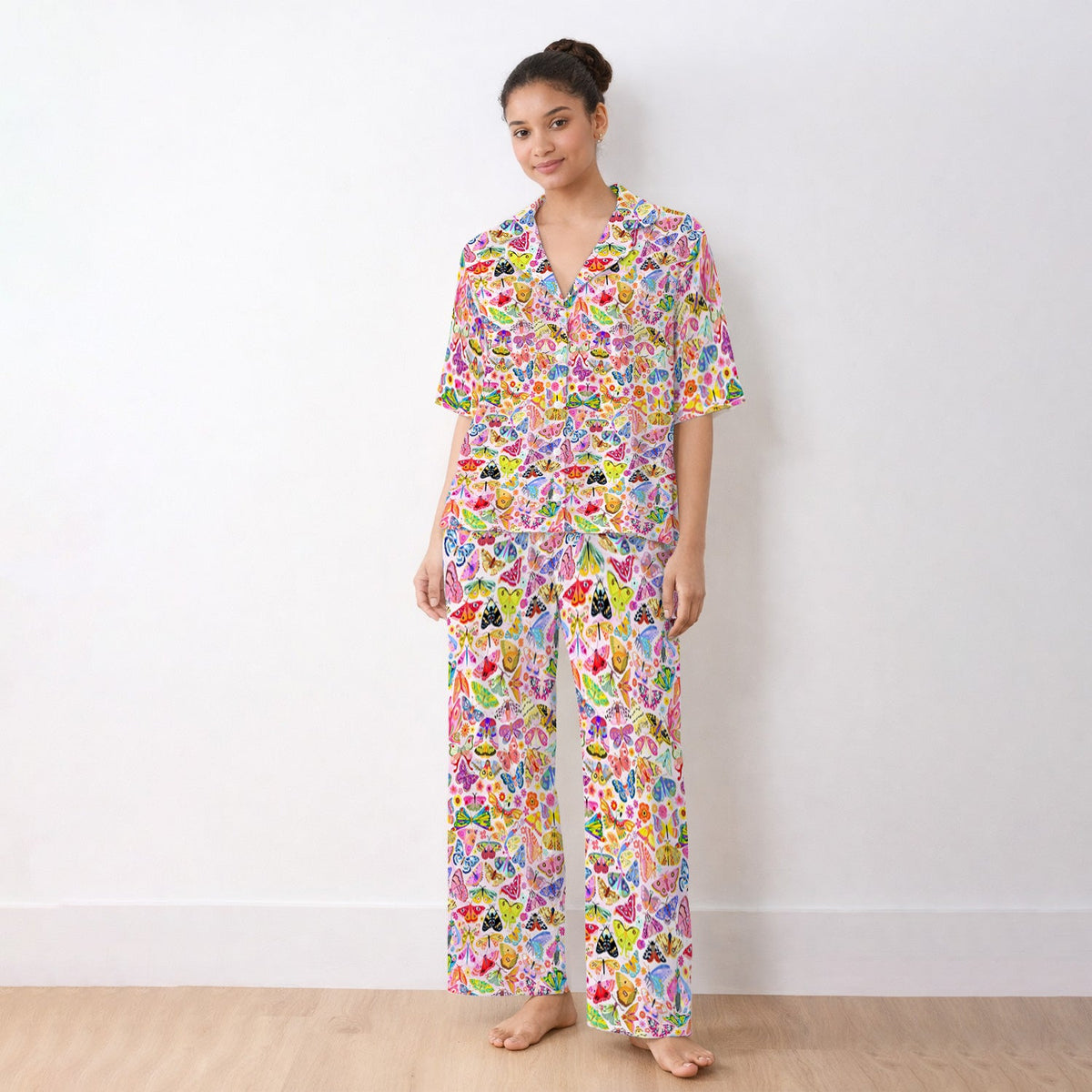 Cute Bright Butterfly Moth Floral Pajama Set