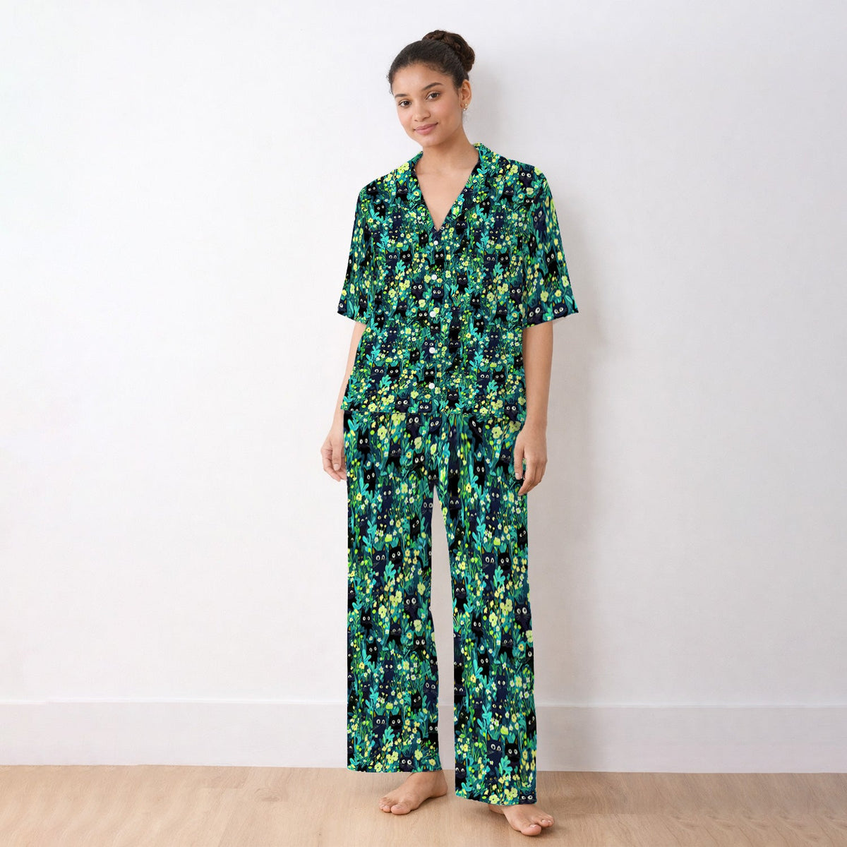 Black Cat Floral Pajama Set
