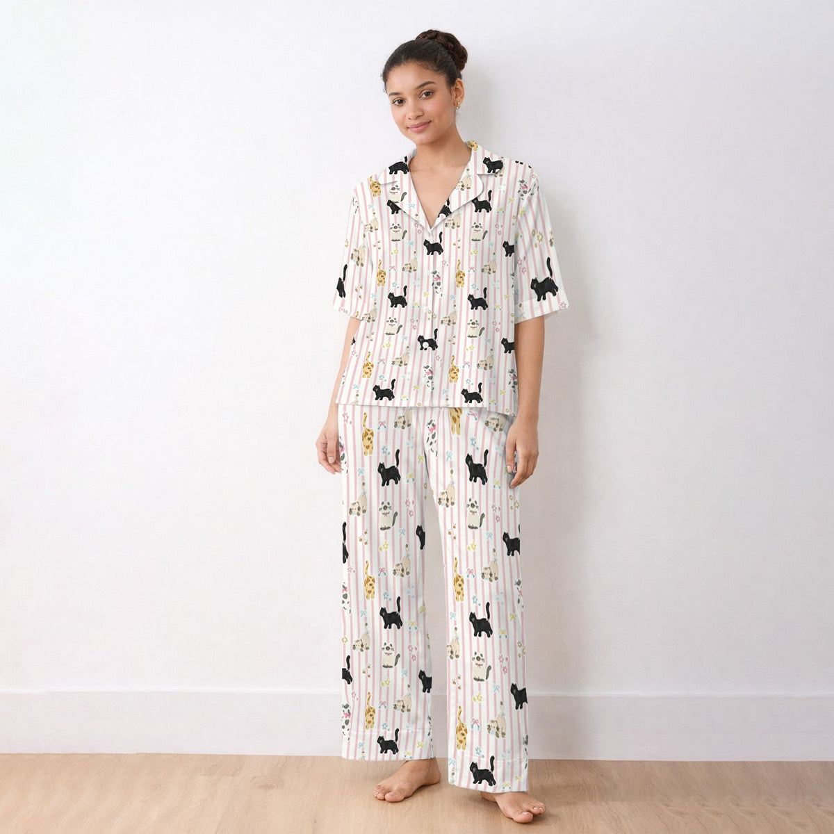 Playful Cat Stripe Ribbon Pajama Set