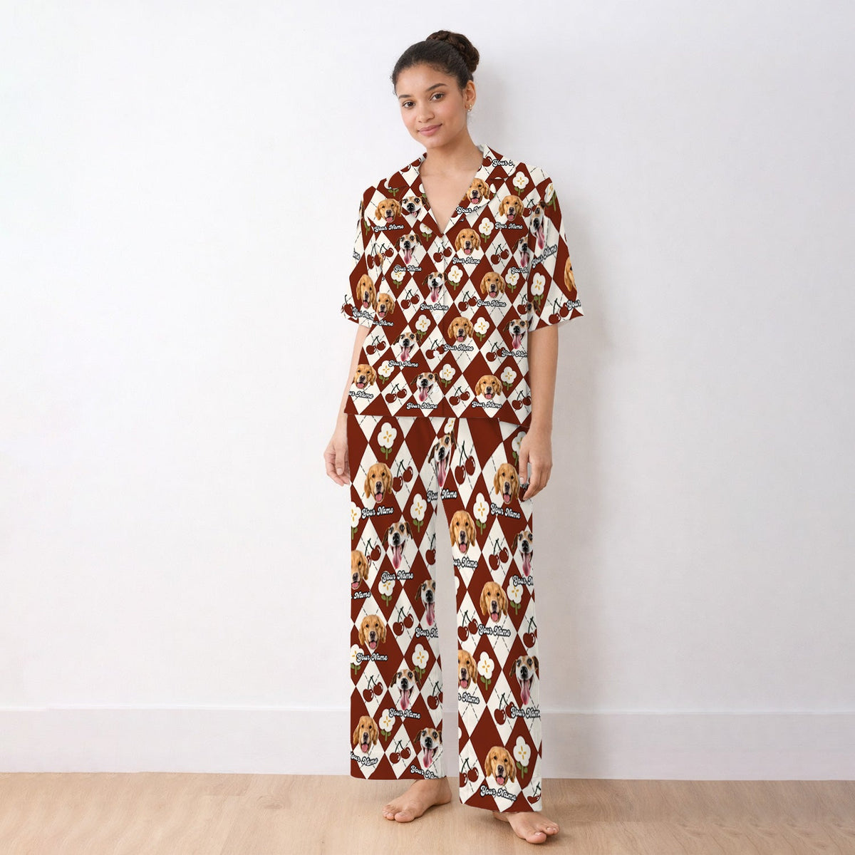 Dog Face Cherry Argyle Pajama Set