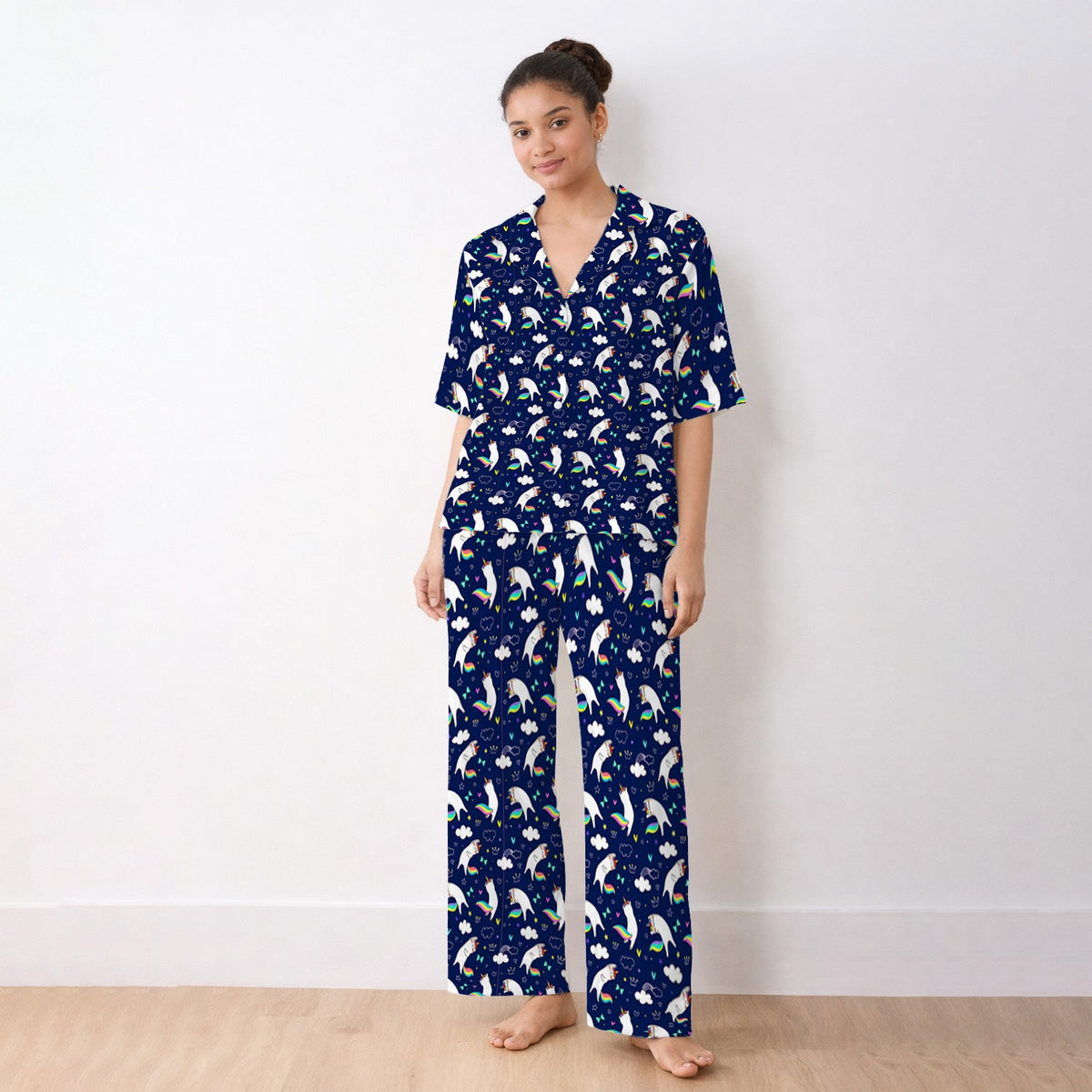 Unicorn Cat Rainbow Tail Clouds Pajama Set