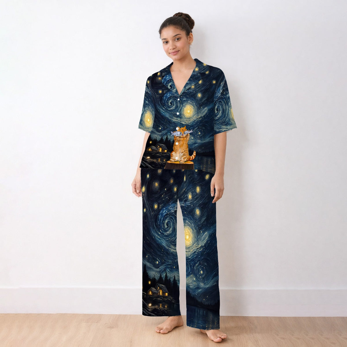 Cat Starry Night Sky Nurse Pajama Set