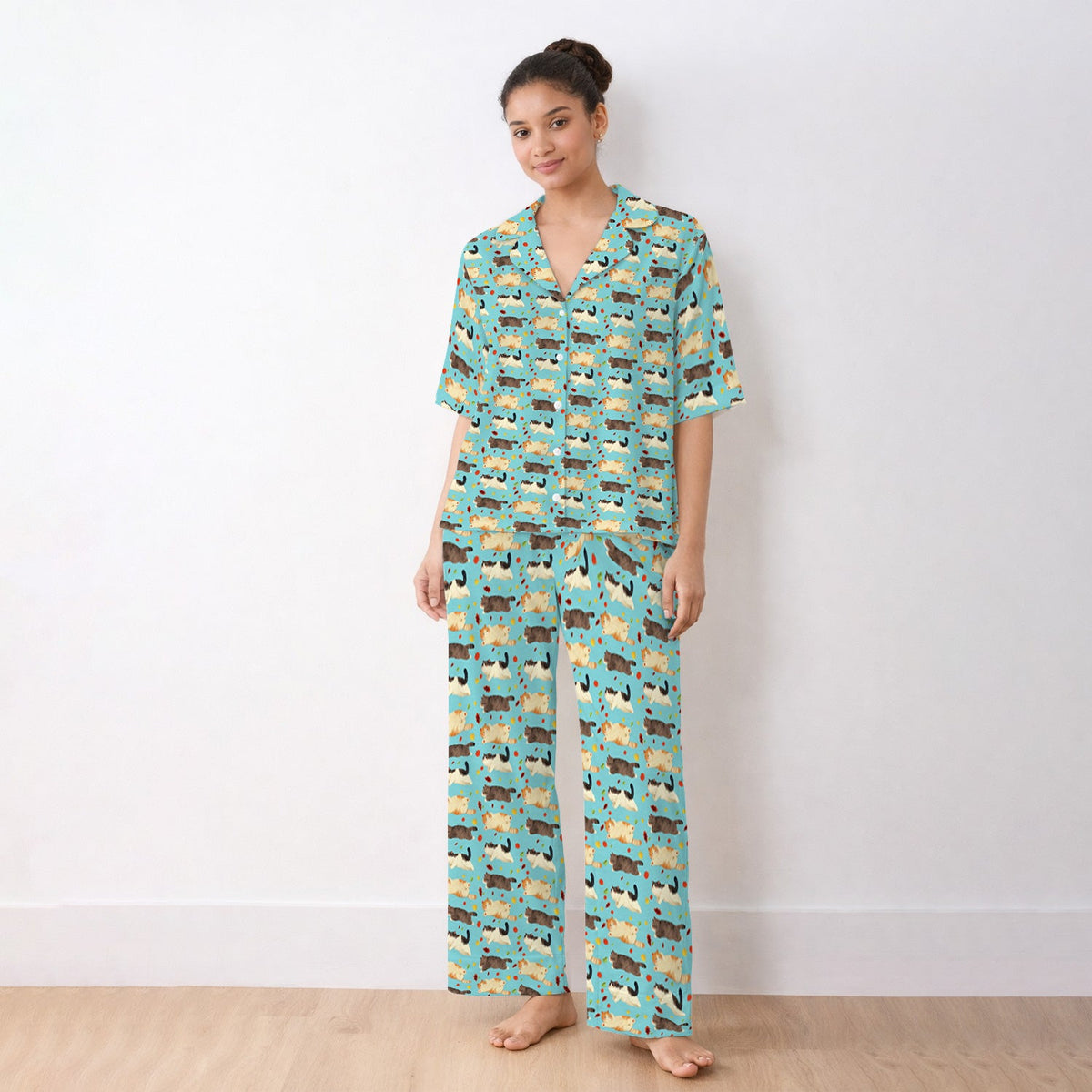 Personalized Chubby Cat Autumn Leaves Pajama Set