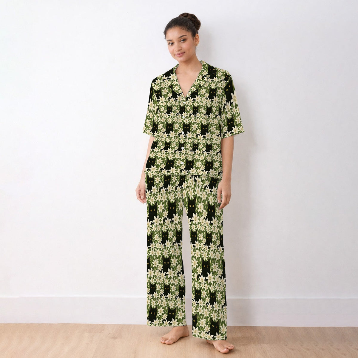 Black Cat Hidden In Lily Garden Pajama Set