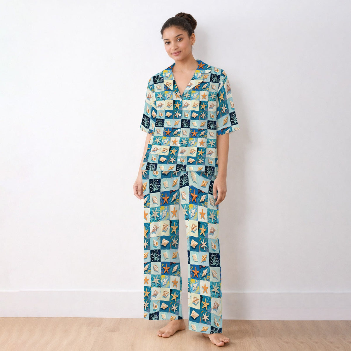 Seashell Starfish Ocean Tile Nurse Pajama Set
