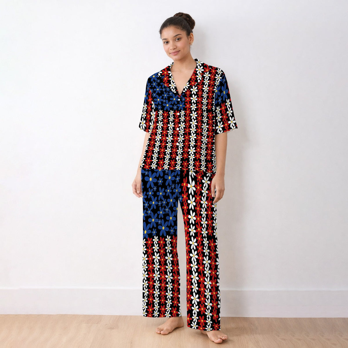 Retro Red Blue Daisy Pajama Set