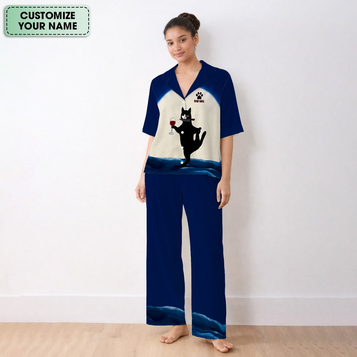 Personalized Cat Wine Glass Knife Pajama Set