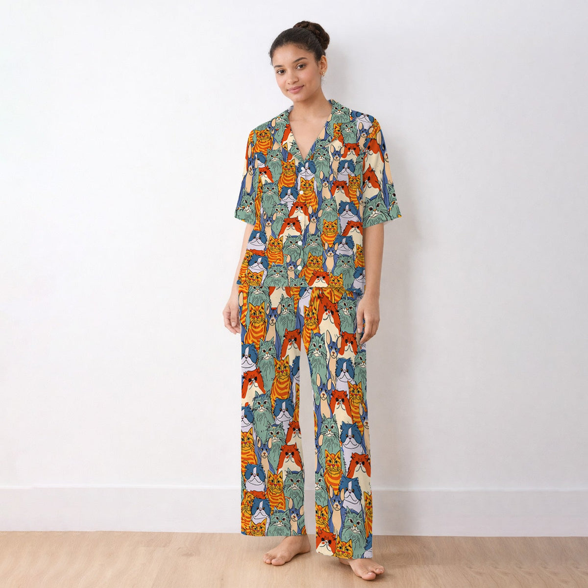 Multicolor Cat Faces Pajama Set