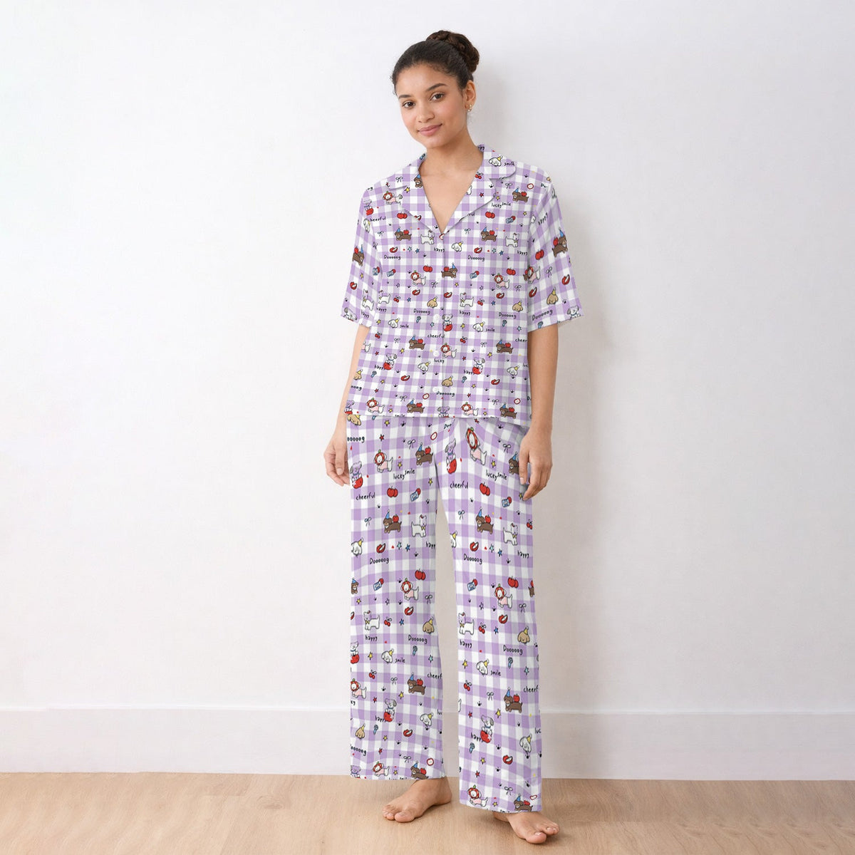 Cartoon Puppy Apple Gingham Pajama Set