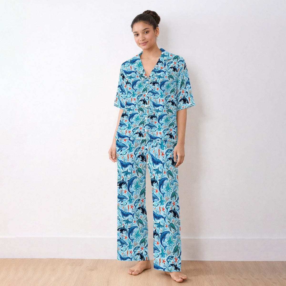 Watercolor Ocean Wildlife Scene Pajama Set