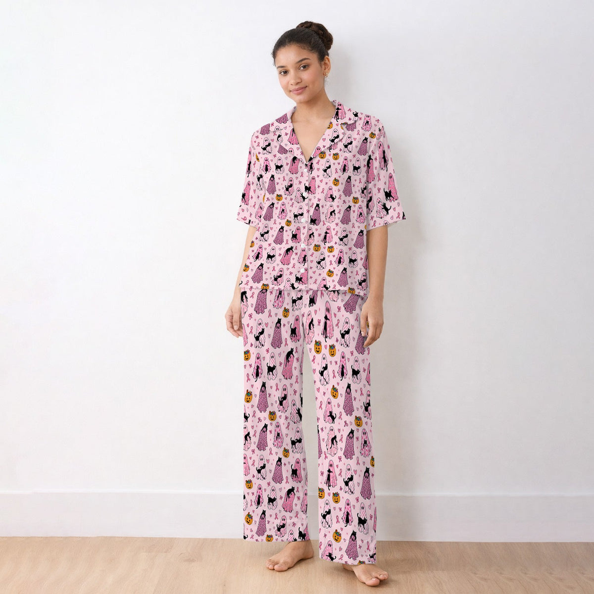 Breast Cancer Awareness Ghost Cat Nurse Pajama Set