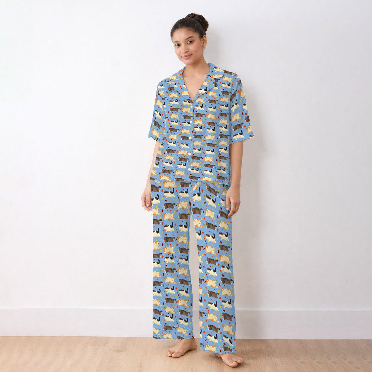 Personalized Chubby Cat Autumn Leaves Pajama Set