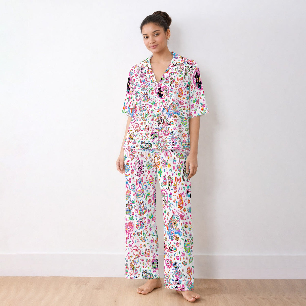 Colorful Kawaii Cat Heart Doodle Pajama Set