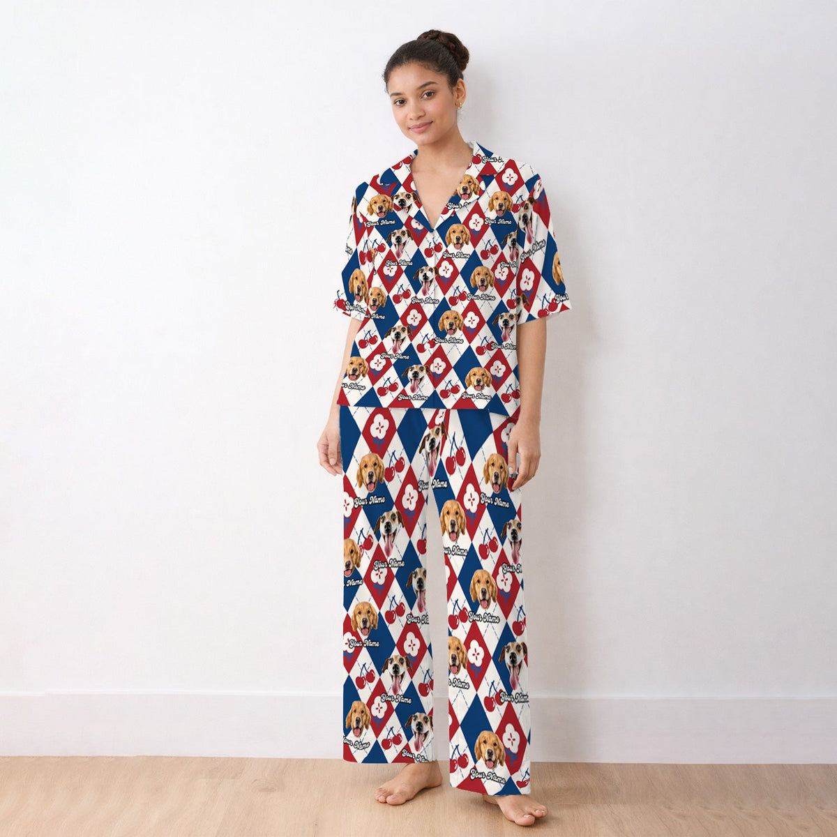 Dog Face Cherry Argyle Pajama Set