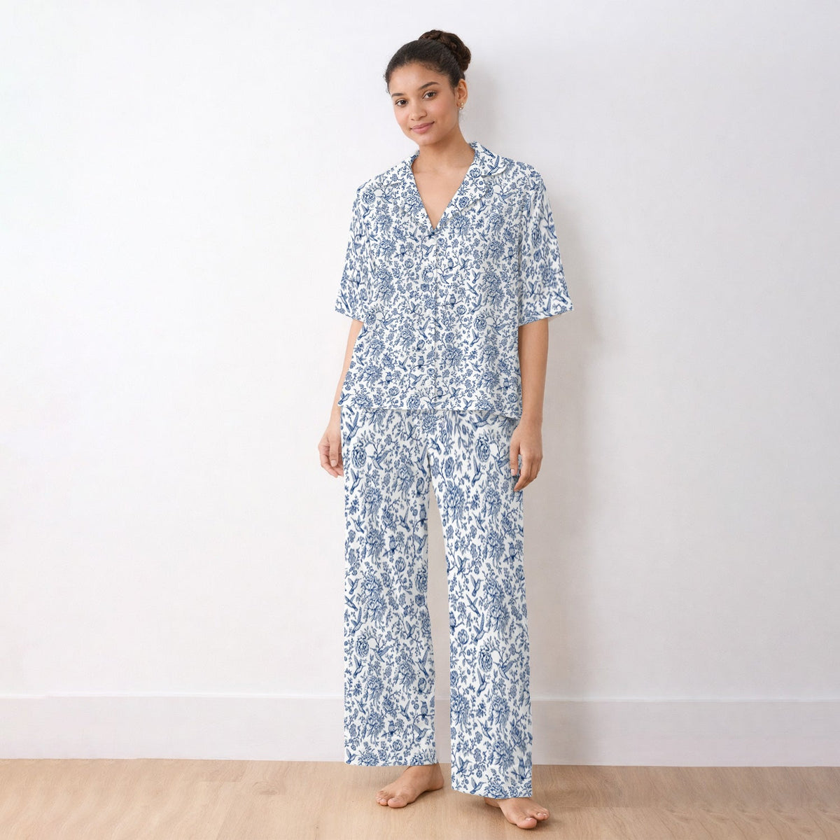 Blue Toile Hummingbird Floral Nurse Pajama Set
