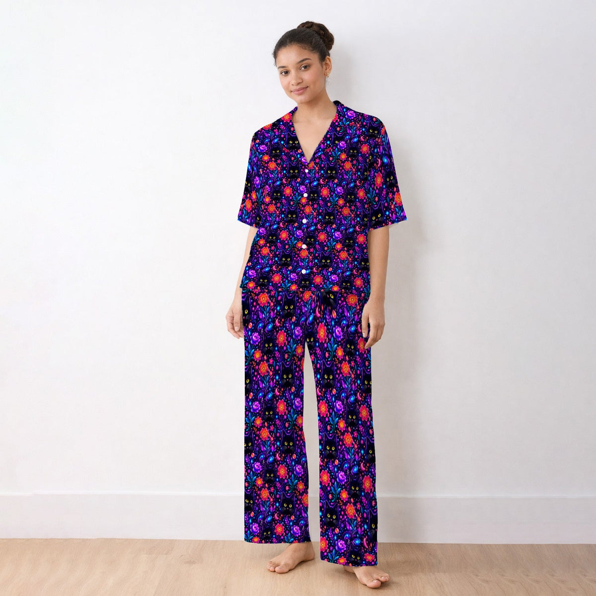 Galaxy Black Cat Floral Pajama Set