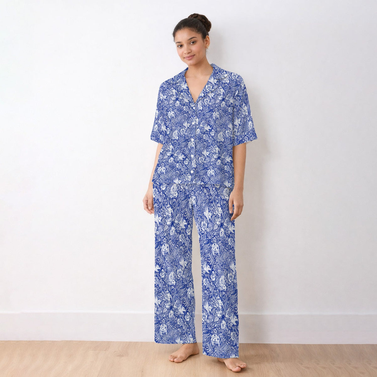 Blue Toile Opossum Floral Nurse Pajama Set