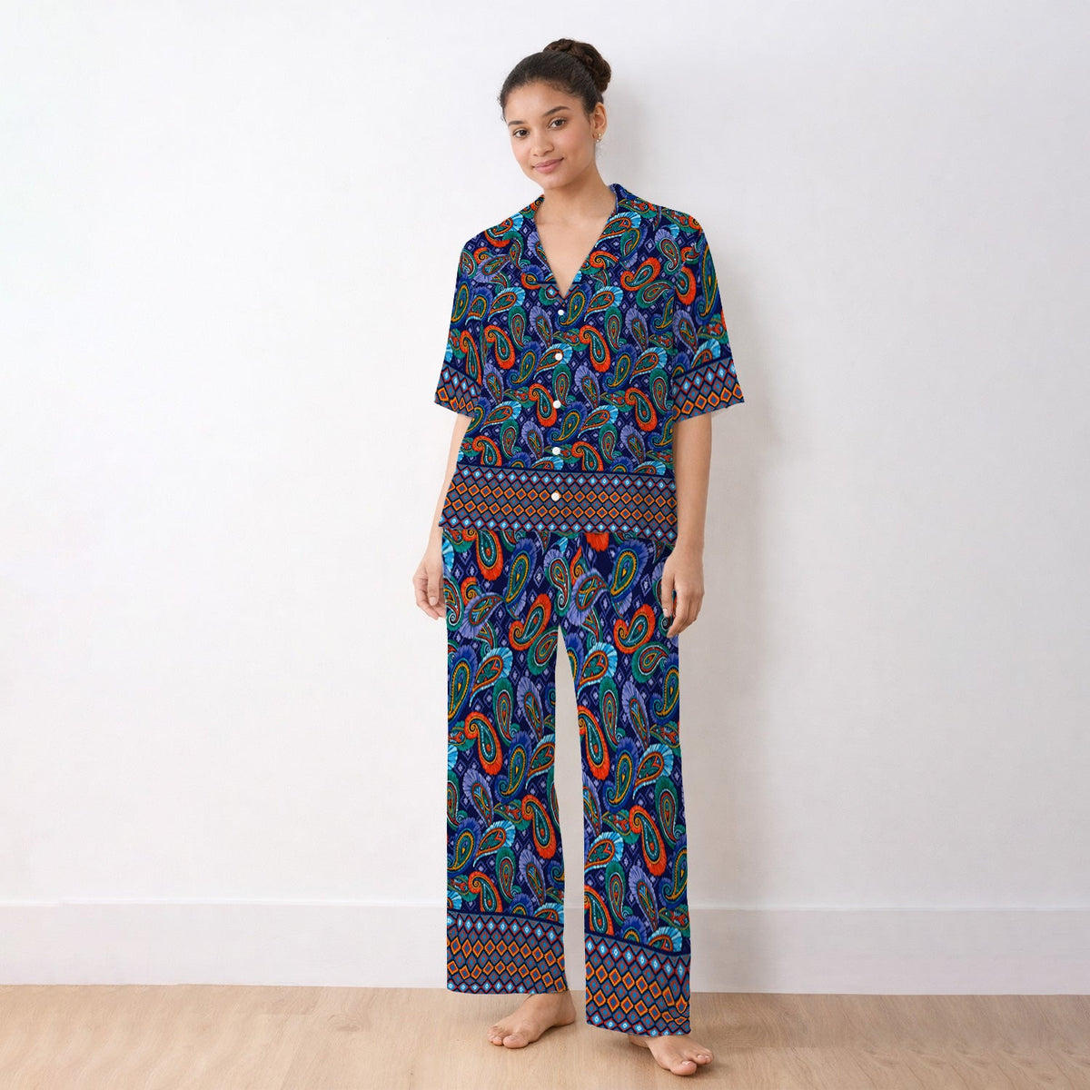Colorful Paisley Geometric Border Pajama Set