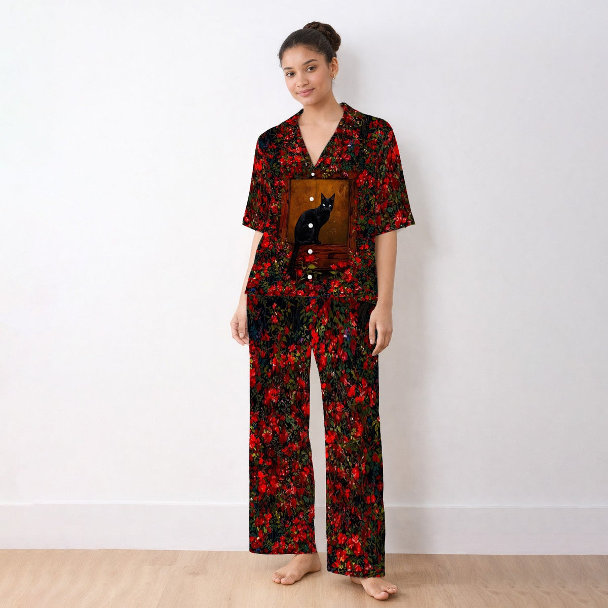 Black Cat By Red Floral Window Pajama Set