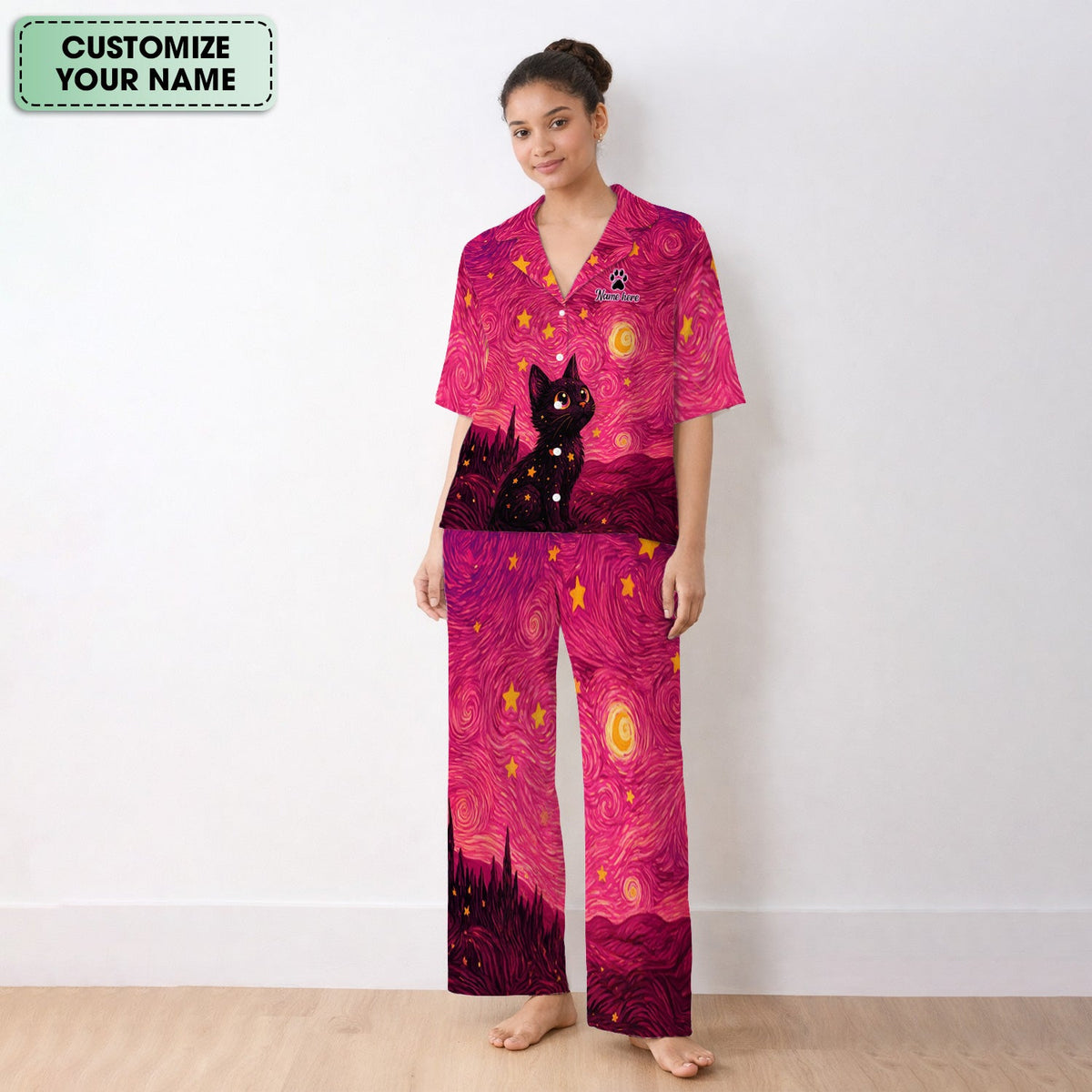 Personalized Black Cat Galaxy Star Swirl Pajama Set