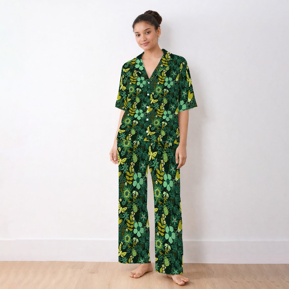 Green Botanical Butterfly Pajama Set